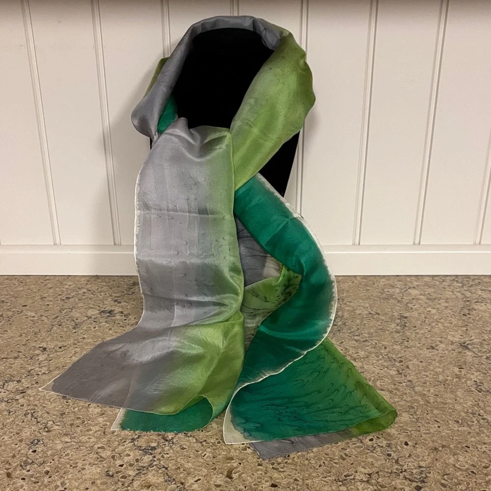 Elegant Green, Cream and Gray Silk Oblong Scarf. Perfect for St. Patrick’s Day!